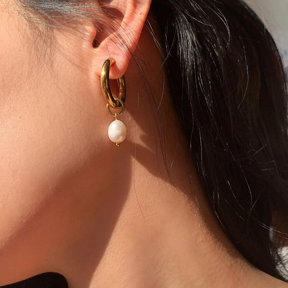 Pearl Drop Hoops Earrings